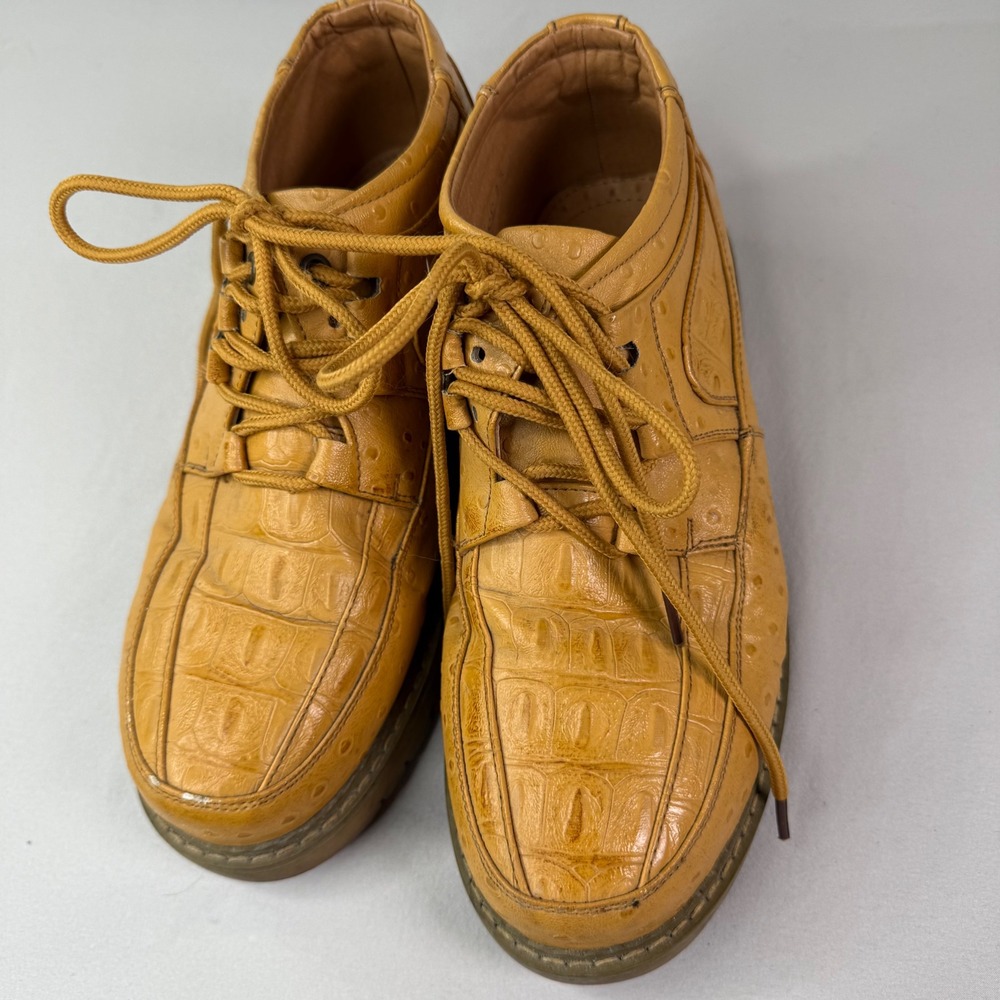 BBW Mens M1242 Ostrich Crocodile Embossed Lace Up Boots Mustard Yellow Size 8.5